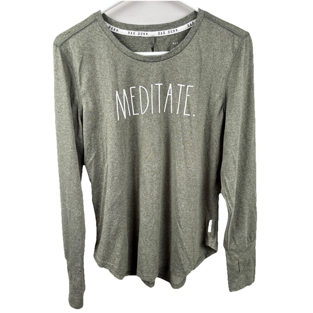 Rae Dunn Meditate Shirt Long Sleeve Green Keyhole Back Pullover Large Tee Womens